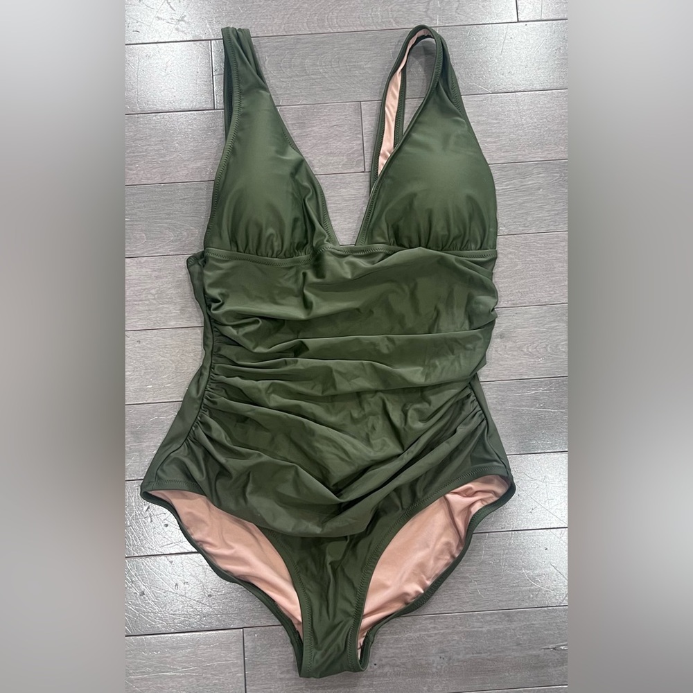 J. Crew Olive Green V-Neck Ruched One-Piece Swimsuit, Size 12 - Picture 3 of 7